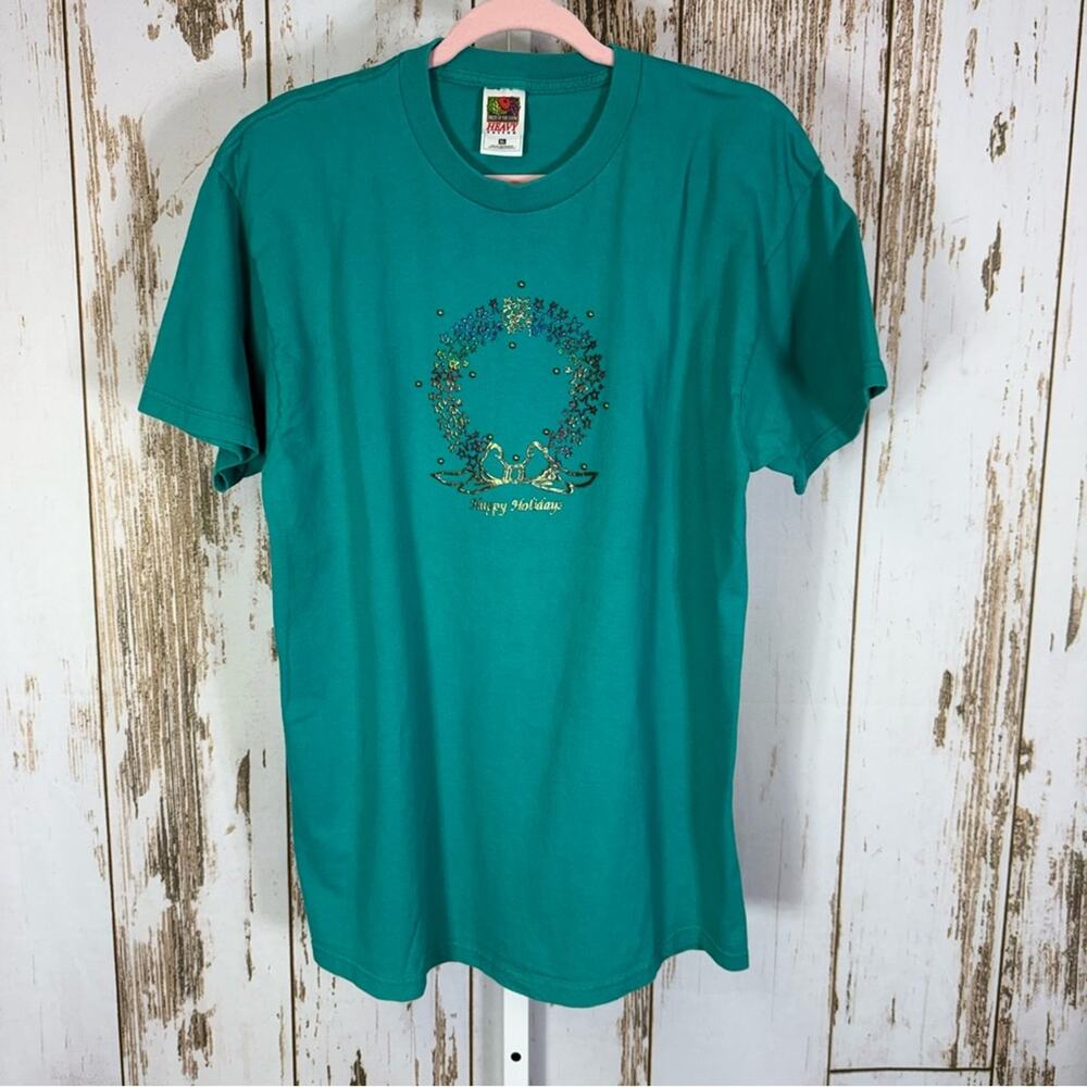 Fruit of the Loom, Teal Happy Holiday Graphic Women's Tee. Size XL. Vintage